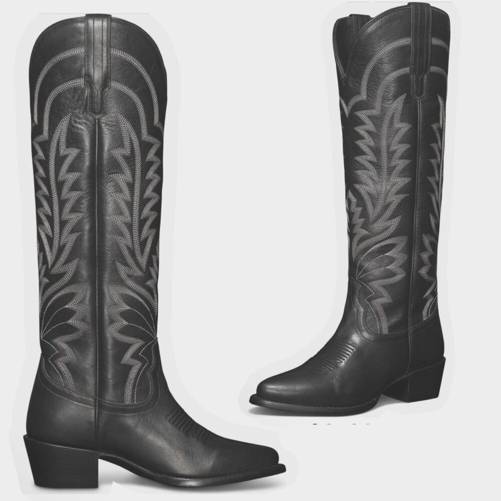 Tecovas Black Leather Knee-High Western Boots with Gray Stitching